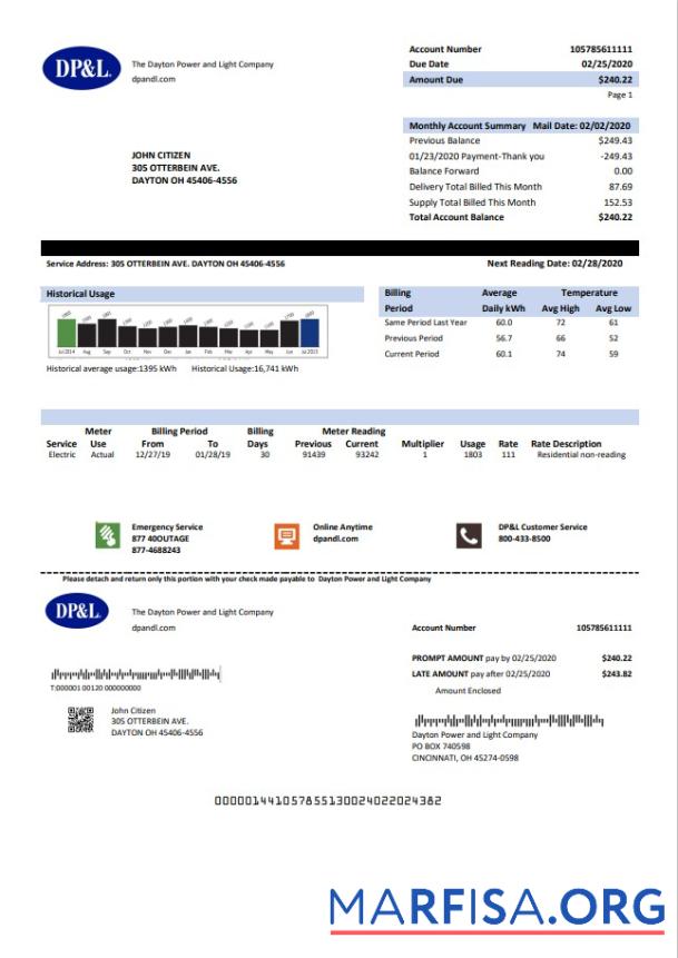 Blank USA Ohio DP&L utility bill template in Word and PDF format